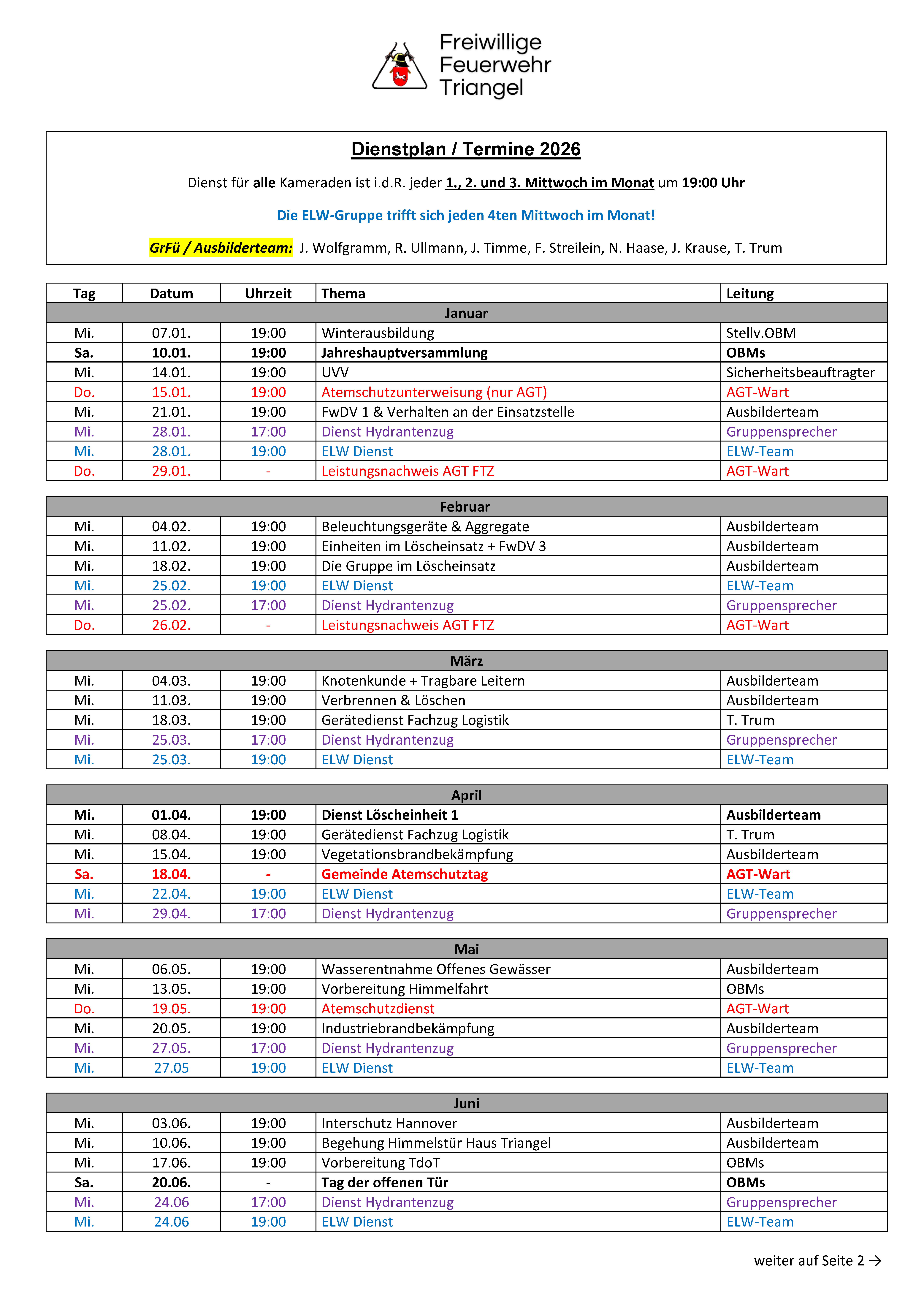 Dienstplan 2026 aktive Seite 1